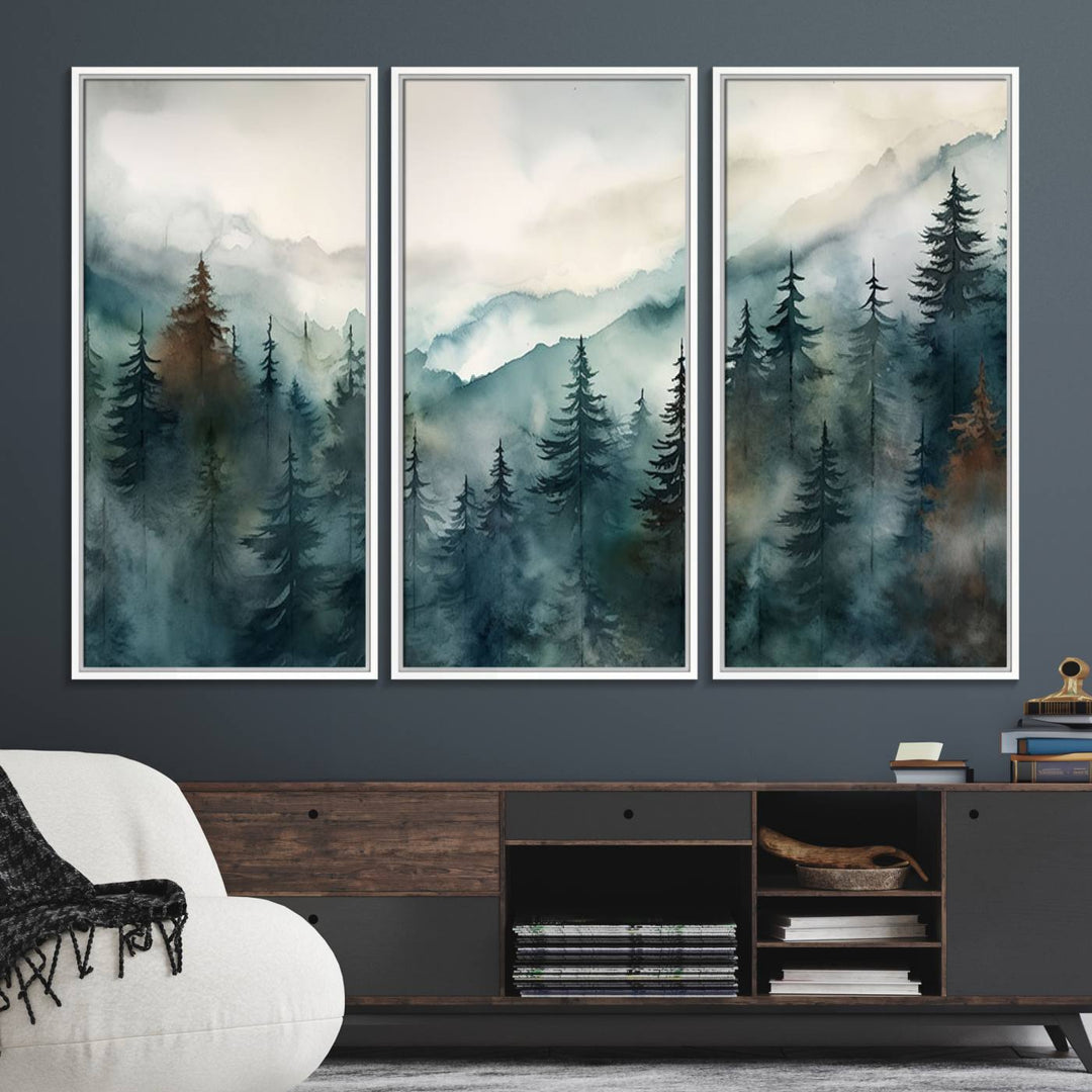 Serenity Forest Wall Art Canvas above the table adds a nature-inspired vibe to the space.