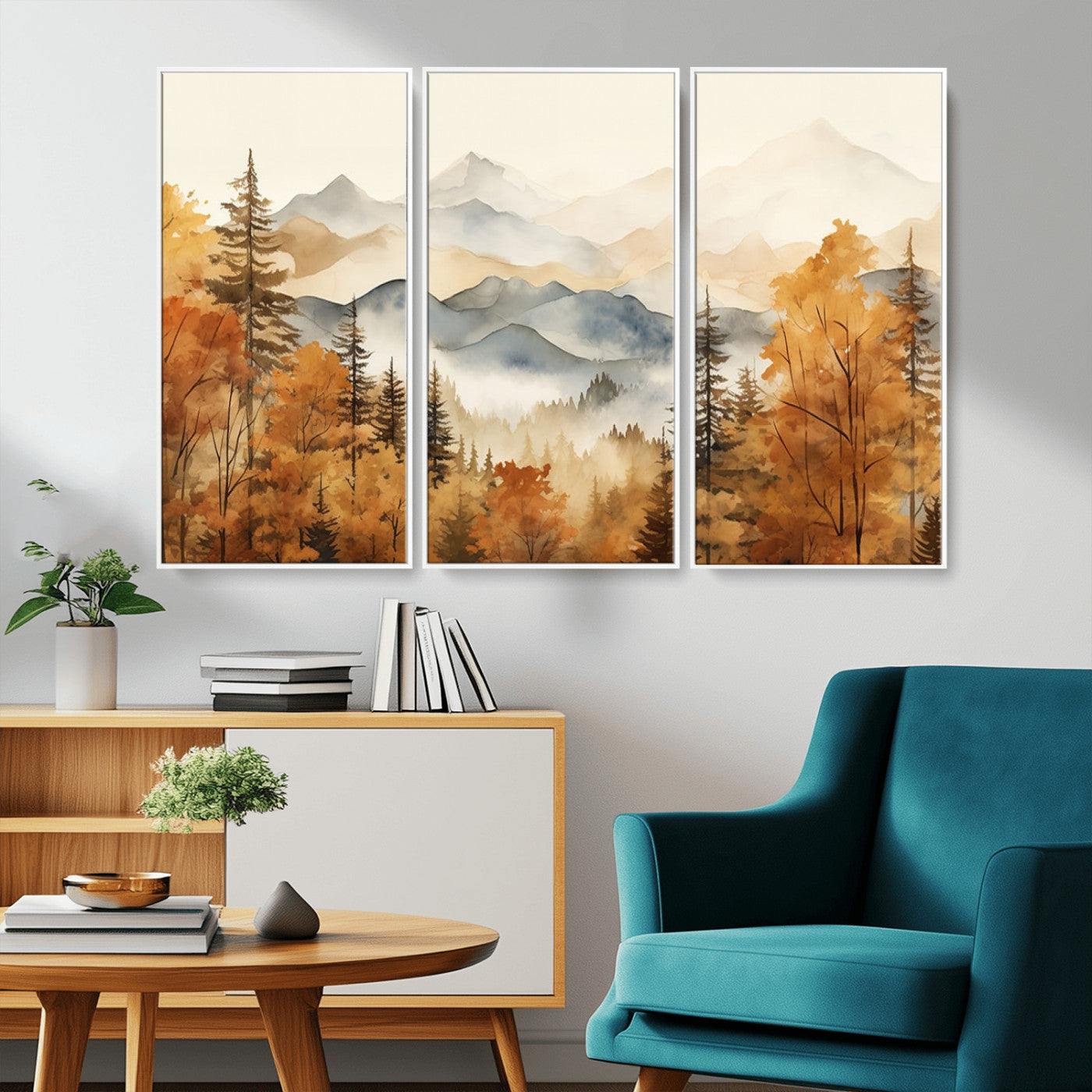 MGV-FC-48X32-3P - Golden Autumn Forest Wall Art | Mountain Landscape Canvas Print for Living Room or Bedroom | Large Wall Decor with Nature-Inspired Design