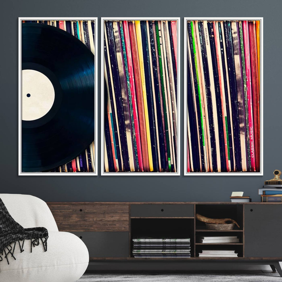 The Vinyl Record and Album Collection Canvas above the dining table enhances the modern kitchen, creating a perfect aesthetic for vintage vinyl lovers.