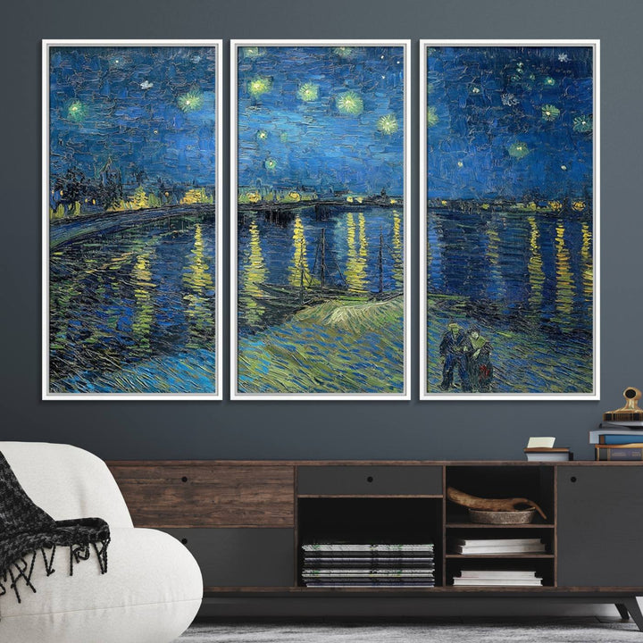 A Vincent van Gogh Starry Night over the Rhone canvas print is displayed on a porch.