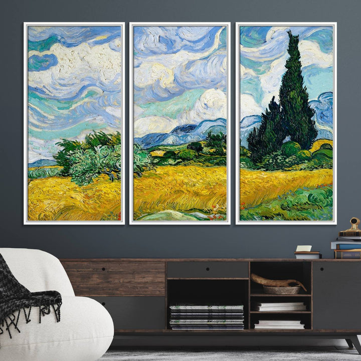 A kitchen featuring Wheatfield With Cypresses Van Gogh canvas wall art.