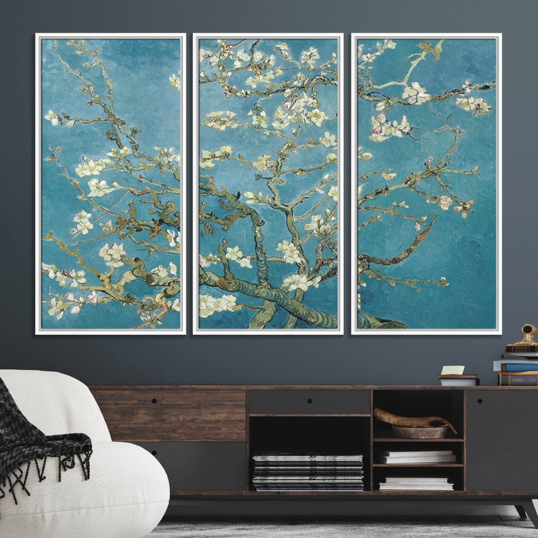 The wall art, Vincent Van Goghs Almond Blossom, stands out with its vibrant depiction against a serene blue background.