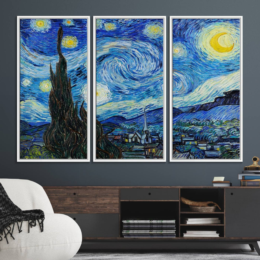 A canvas print of The Starry Night, offering museum-quality art, ready to hang.