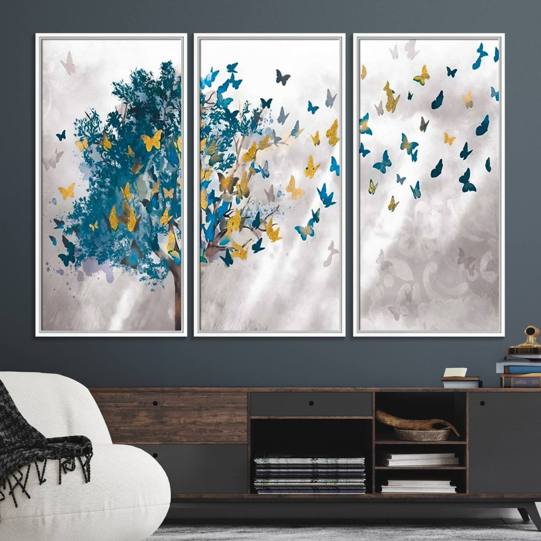 The modern dining room features Tree Butterfly Abstract Wall Art, adding a touch of nature-inspired decor.