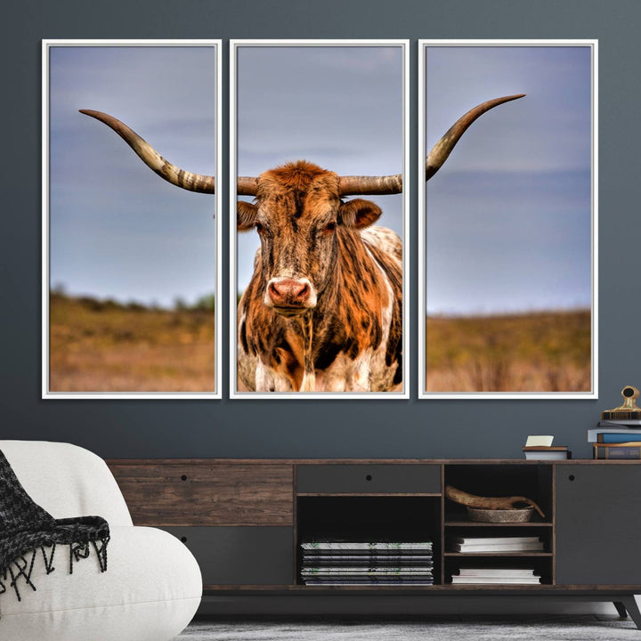 The Texas Longhorn Wall Art Print is displayed in a stylish living room.