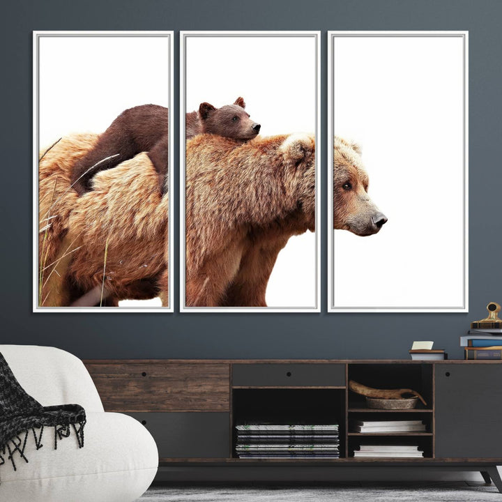 Mother and Baby Bear canvas: an adorable wildlife print displayed on a dark green wall.