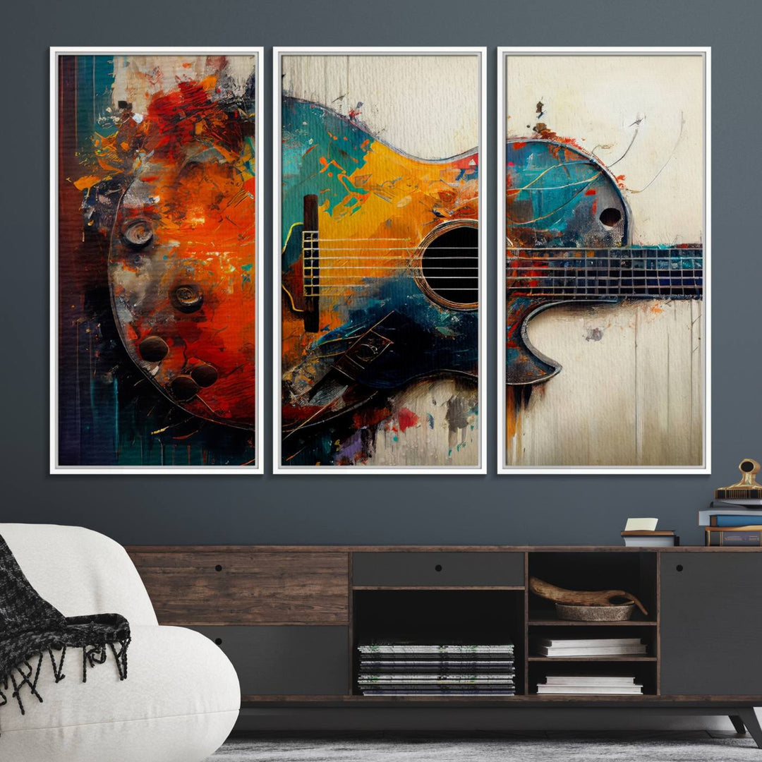 A vibrant guitar wall art canvas is mounted on the wall.