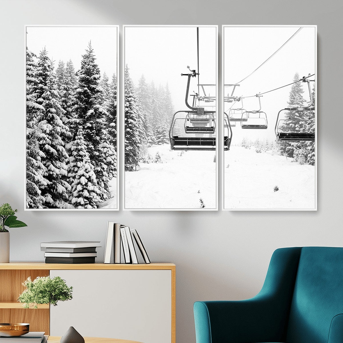 Ski Wall Art | Ski Lift Canvas Print with Snow Covered Spruce Trees, Winter Ski Resort Wall Art