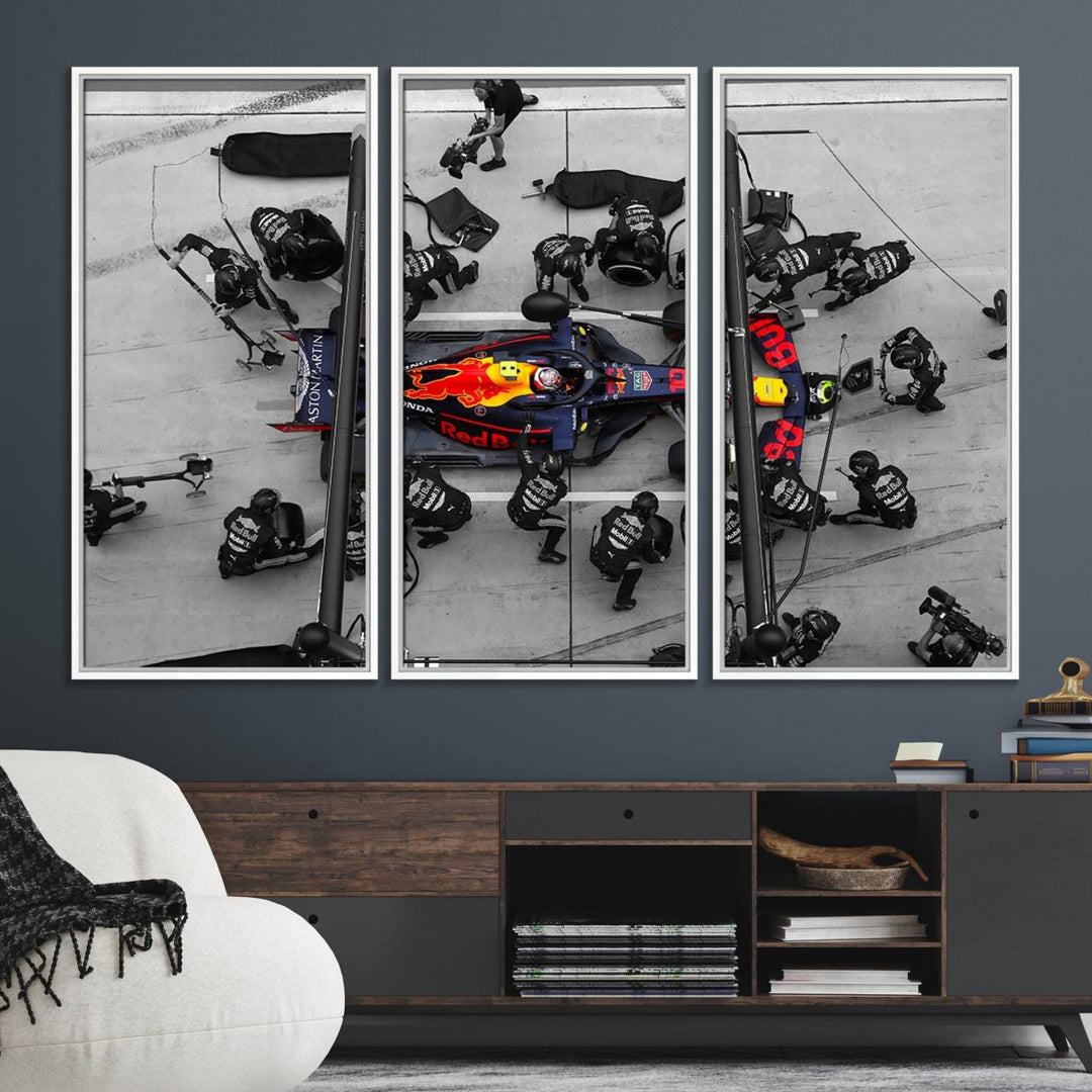 Red Bull Formula 1 Canvas Wall Art Print: An aerial view of a Formula 1 pit stop featuring a Red Bull car on premium canvas.