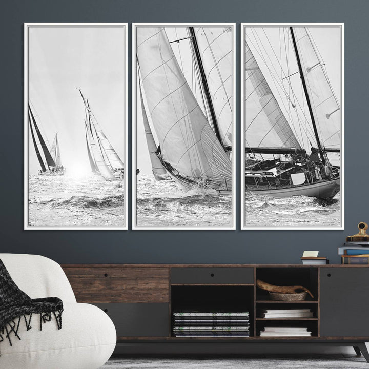 Yacht Sailboat Regatta canvas print on a textured wooden wall.