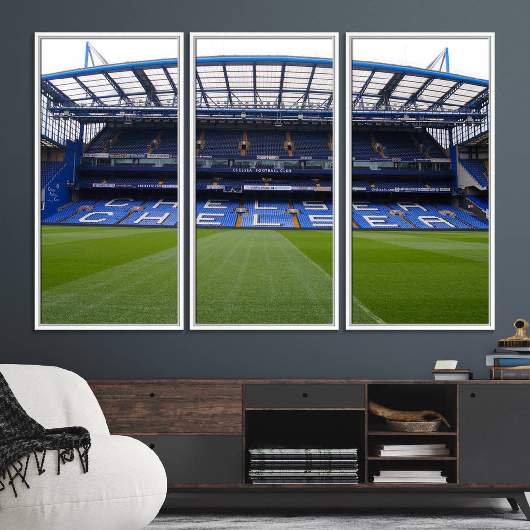 The wall art features a Chelsea FC Stamford Bridge Stadium canvas print.