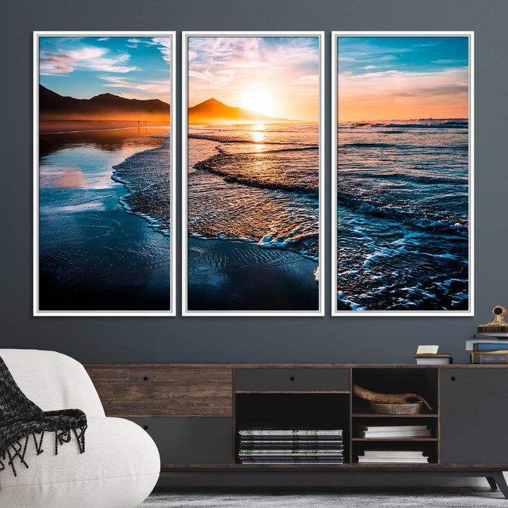 The Sunset Beach Ocean Canvas Wall Art – Tranquil Reflections at Dusk enhances the ambiance with its captivating depiction of serene ocean views at dusk.