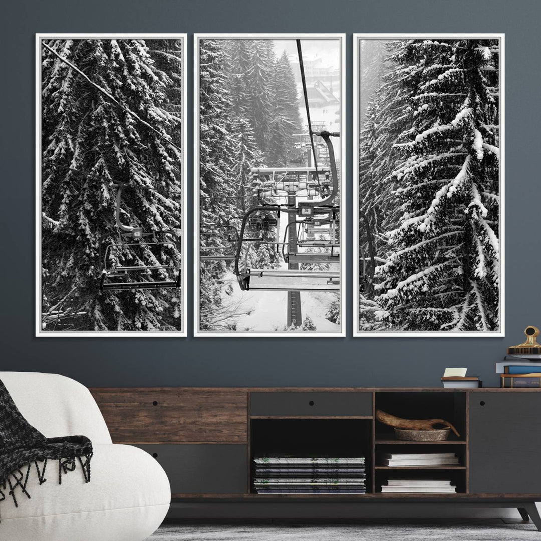 The Winter Ski Lift Canvas in minimalist style adds a unique touch to the dining room.