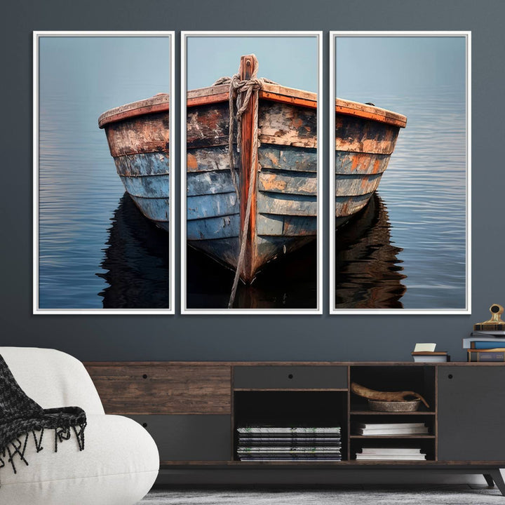 Stunning vintage boat canvas print featuring a calm water scene.