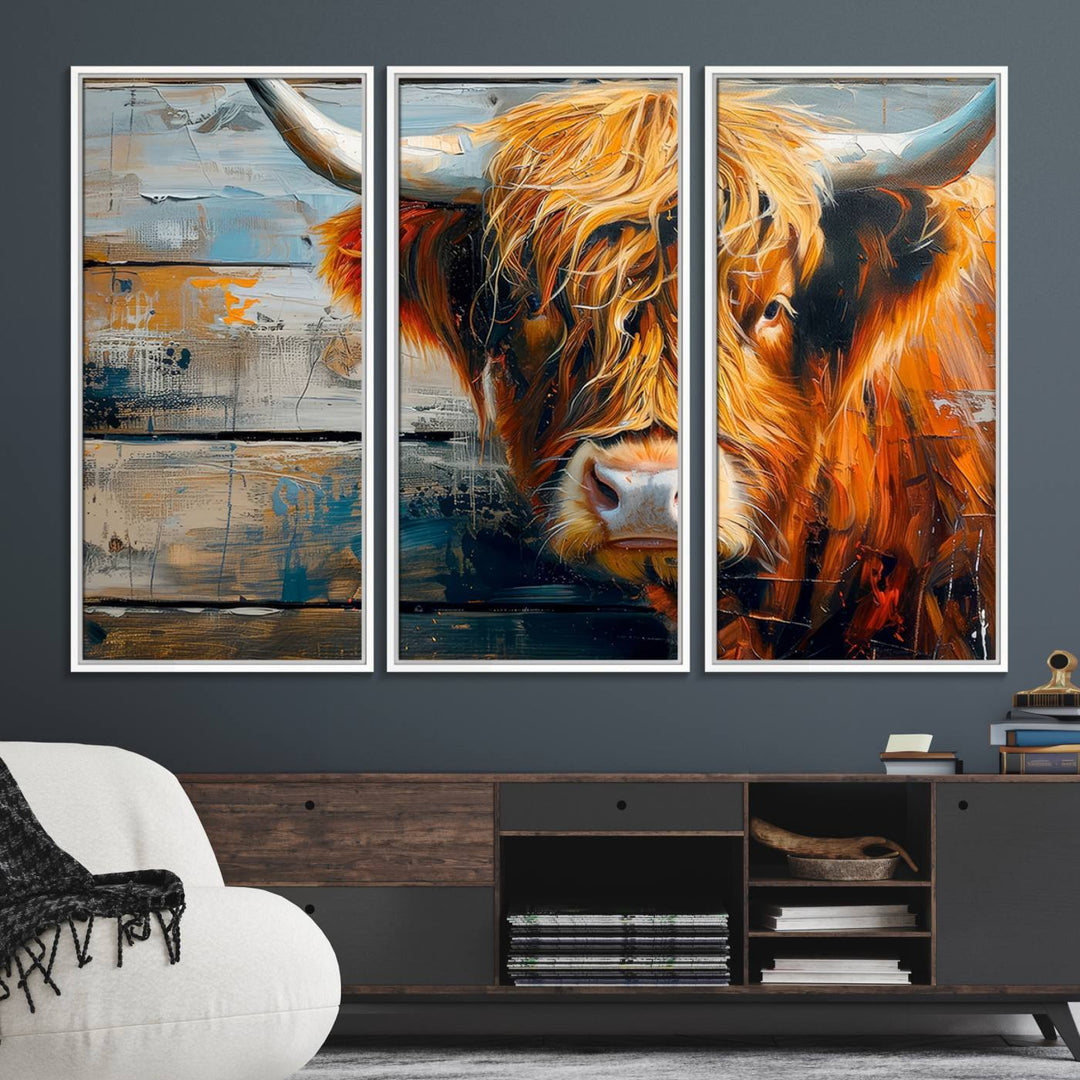 The dining room features Highland Cow Abstract Canvas Wall Art in a farmhouse rustic decor style.