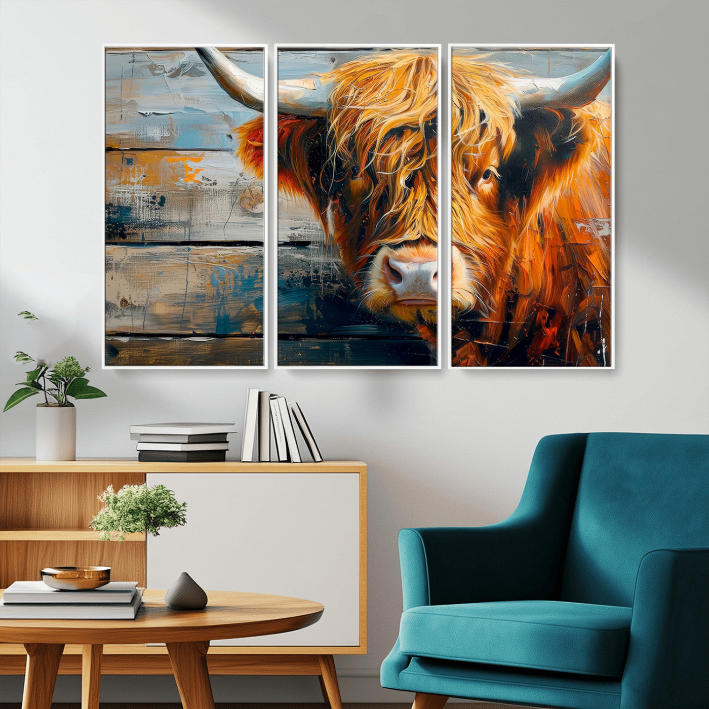 -Highland Cow Abstract Canvas Wall Art – Bold Farmhouse Rustic Decor – Ready to Hang