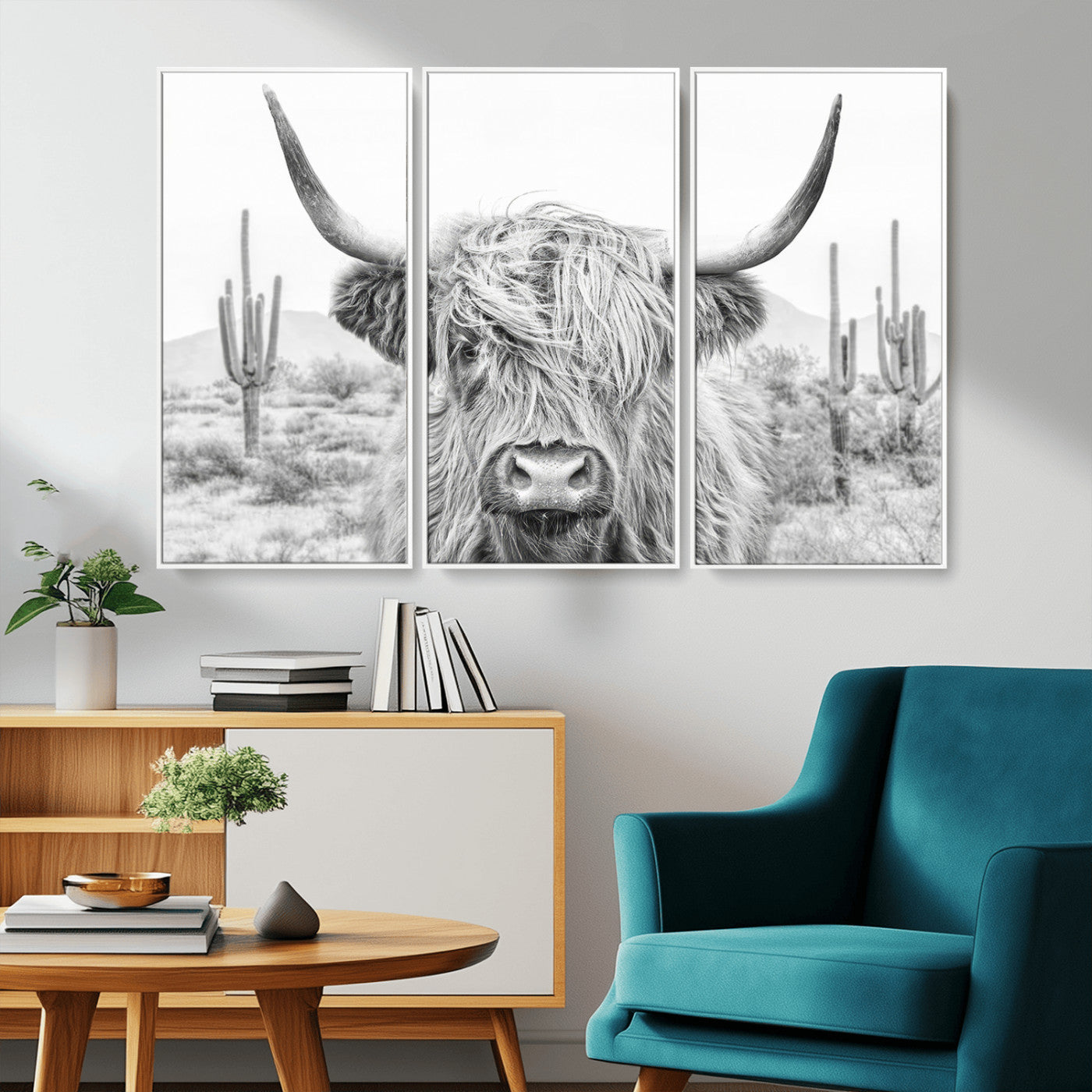 -Rustic Charm | Cow Longhorn Black White Bighorn Wall Art Canvas Print | Farmhouse Wall Art