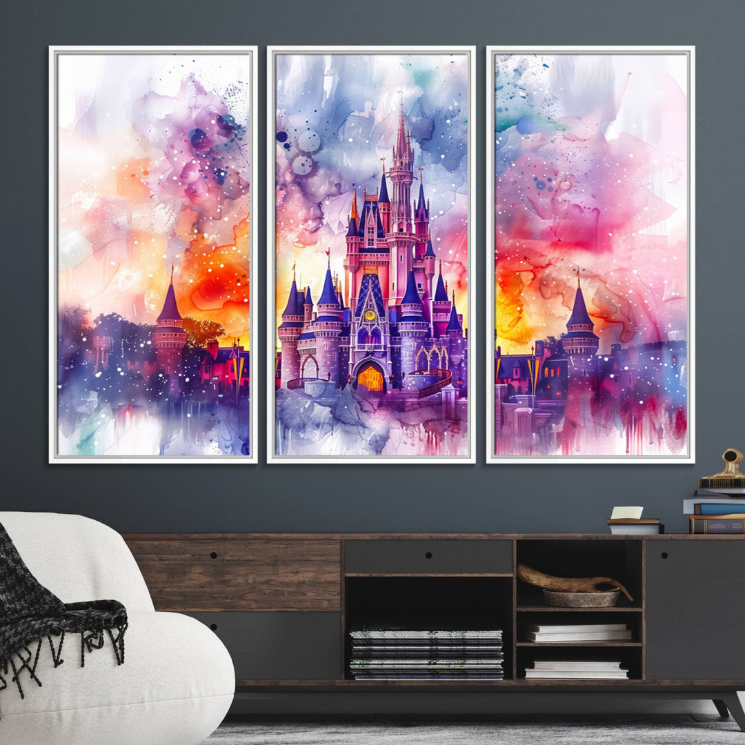 The watercolor Disney Wall Art showcases Cinderellas Castle in pink, purple, and orange hues.