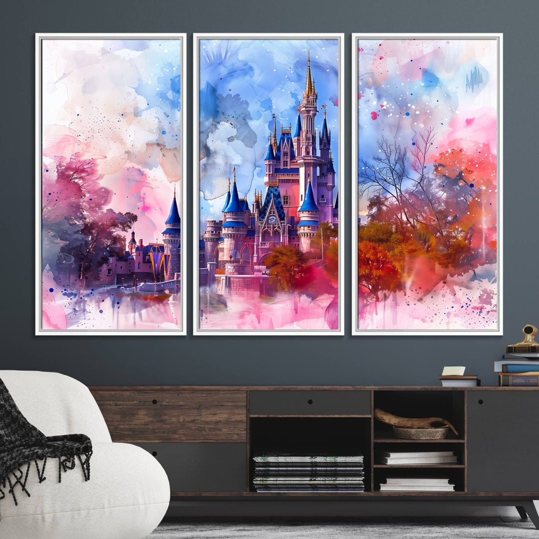 A Disney Wall Art: Dreamy Watercolor Cinderella Castle Canvas Print hangs prominently.