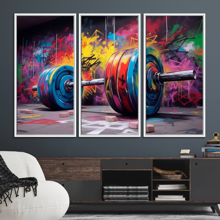 The Abstract Graffiti Barbell Canvas Wall Art is displayed on a porch.