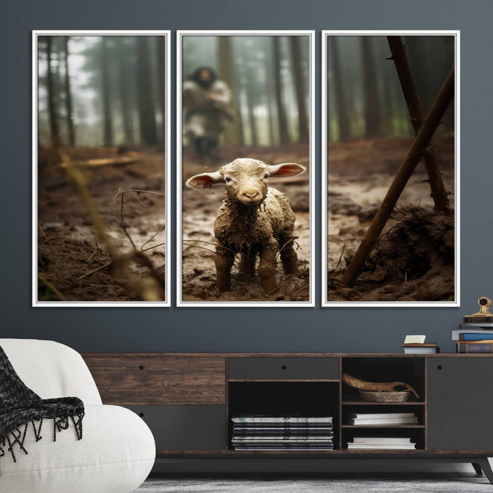 The Jesus Lost Lamb Canvas Wall Art features a heartwarming woodland scene, beautifully capturing the essence of serenity and grace.