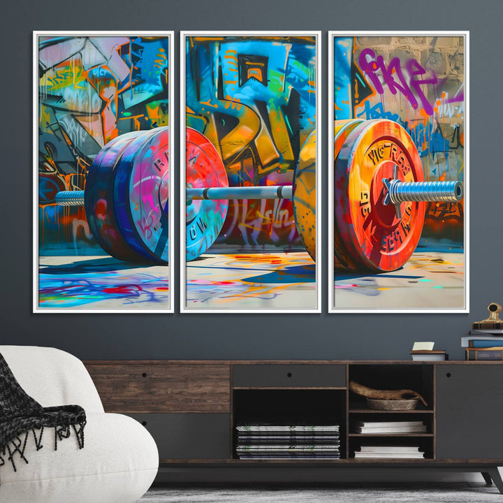 A Fitness Gym Barbell Graffiti Wall Art Canvas Print is displayed.