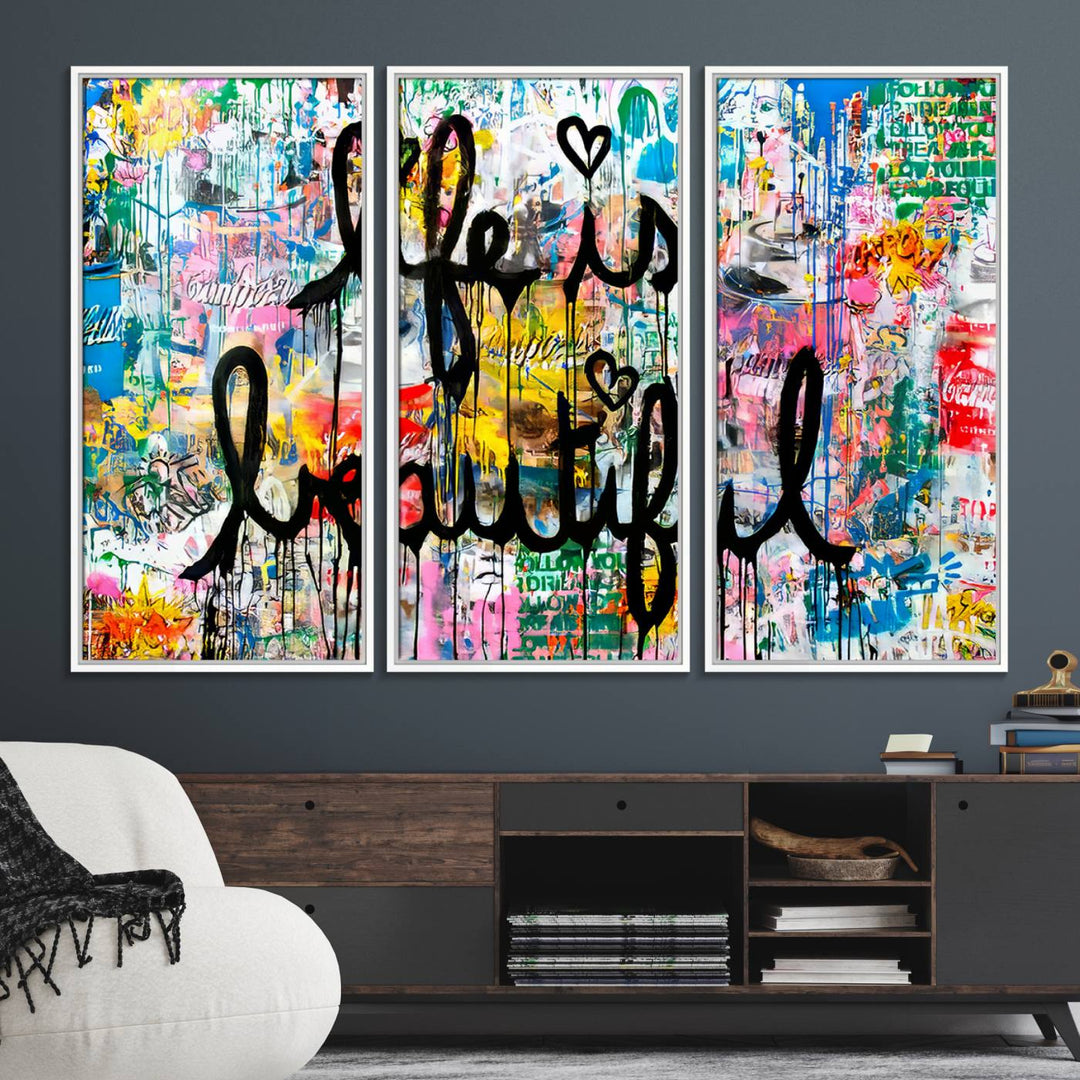 The Life Beautiful graffiti style canvas print is showcased in black script.