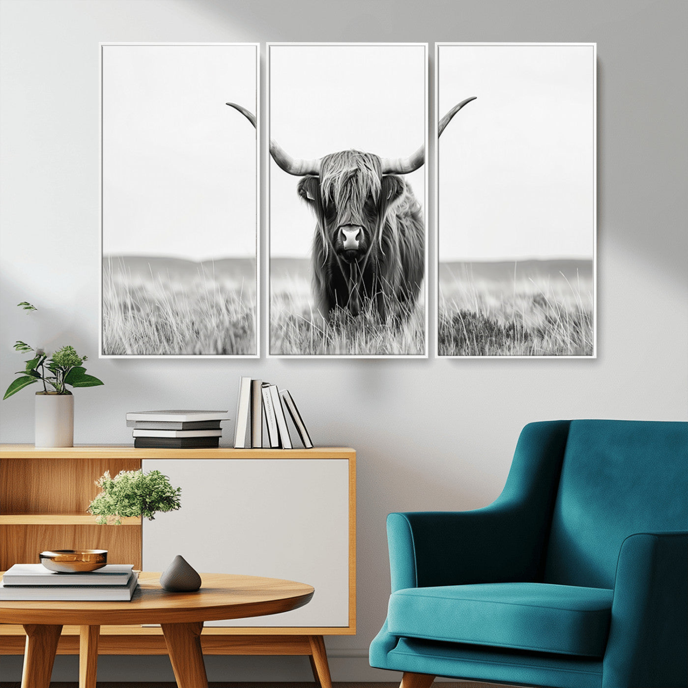 MGV-FC-48X32-3P - Highland Cow Canvas Wall Art – Majestic Beauty in Black and White – Ready to Hang
