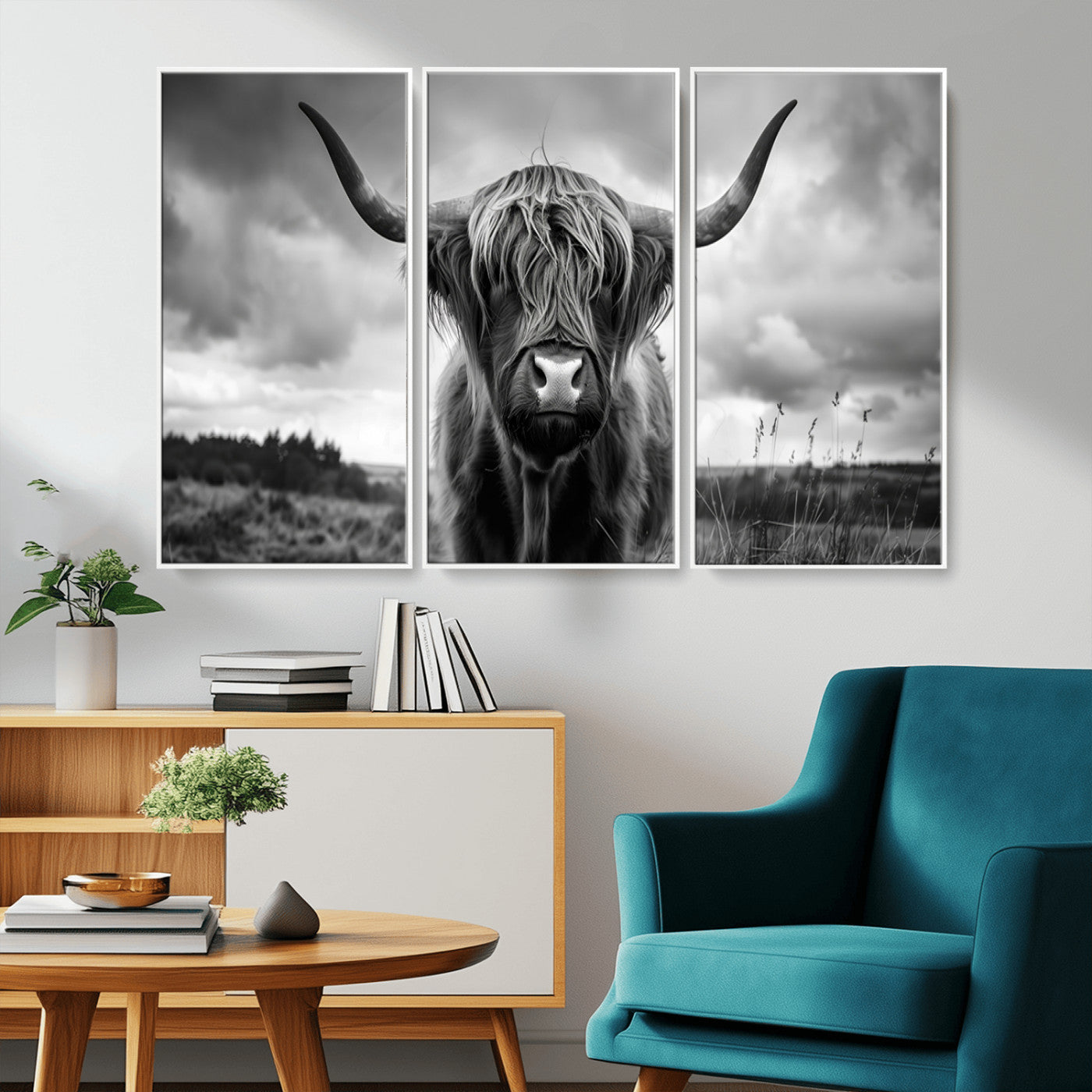 MGV-FC-48X32-3P - Scottish Cow Wall Art Canvas Print | Longhorn Wall Art | Bighorn Animal Wall Art