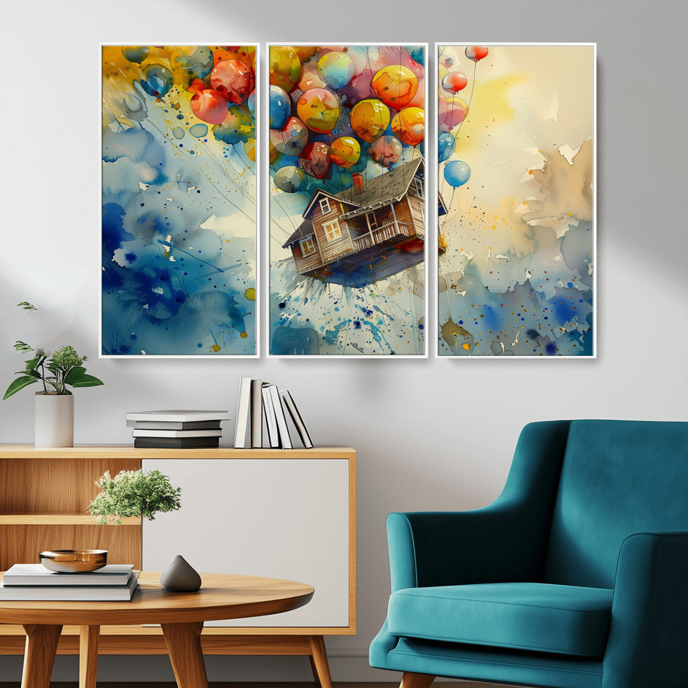 MGV-FC-48X32-3P - UP-Inspired Floating House with Balloons Canvas Art – Colorful 3-Panel Wall Decor for Living Room,