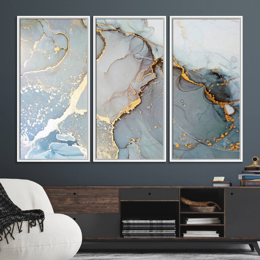 A blue and gold marbled Large Abstract Marble Wall Art Canvas Print hangs overhead.