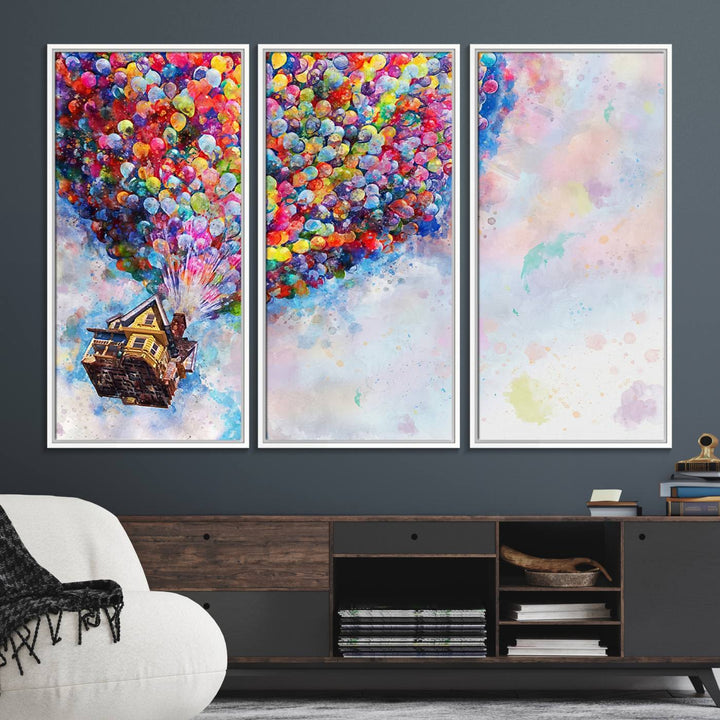 The Dont Look Up canvas wall art, featuring a house and balloons, brightens the kitchen wall.