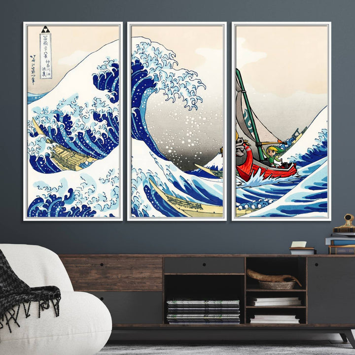 The Katsushika Hokusai Kanagawa Giant Wave Canvas print captures a vibrant sailing scene.