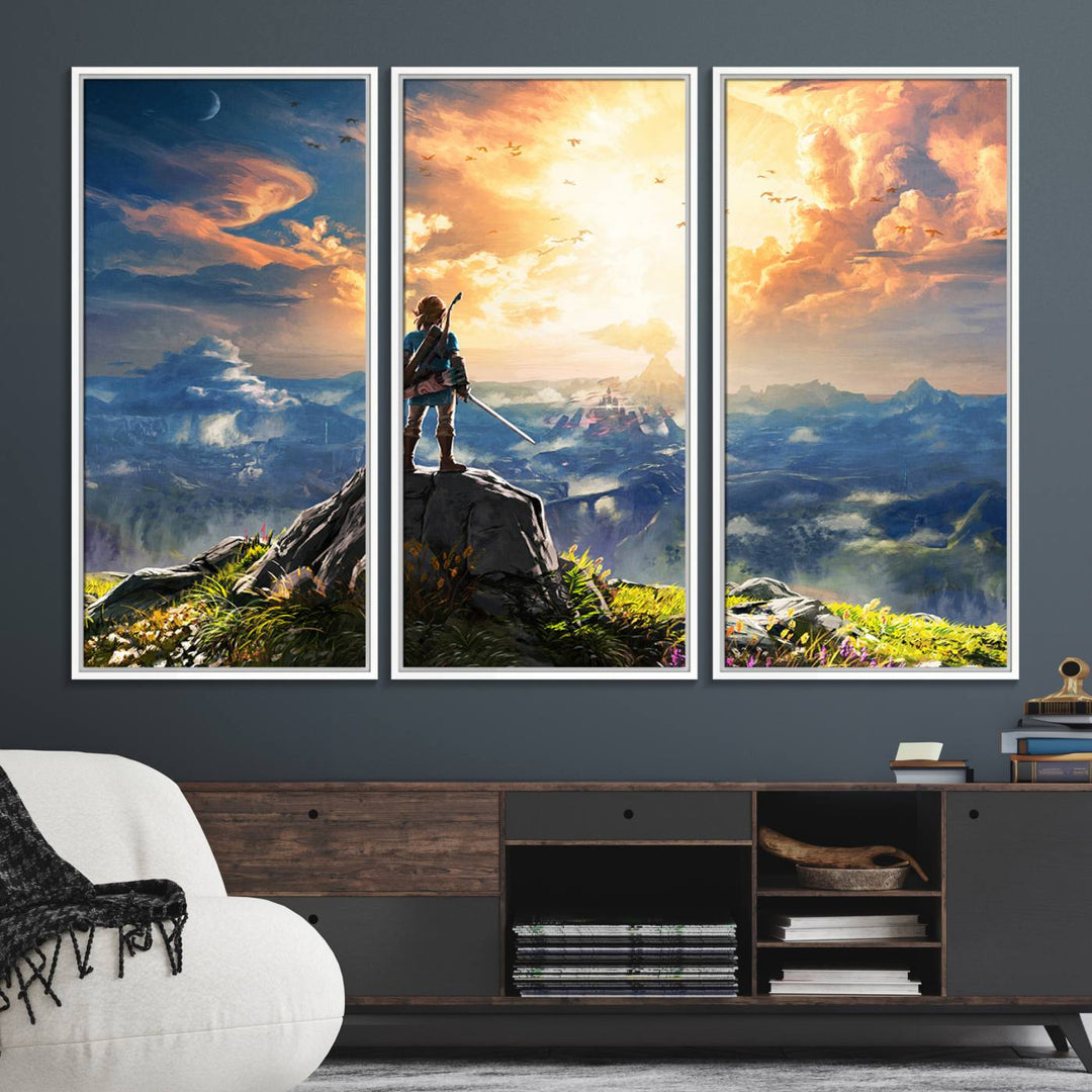 A vibrant Legend of Zelda Breath of the Wild canvas print depicts a figure standing on a rock with mountains and sky in the background.