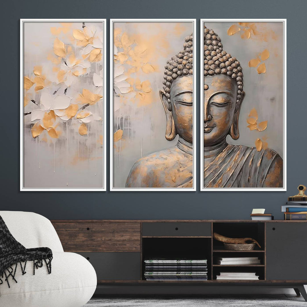 The serene dining room features Abstract Buddha Statue Wall Art.