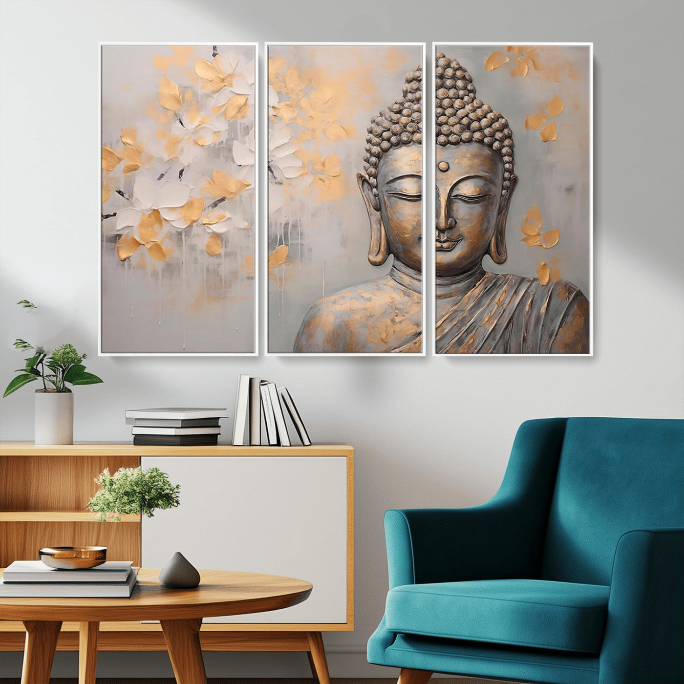 MGV-FC-48X32-3P - Abstract Buddha Statue Wall Art Canvas Print - Modern Meditation Decor for Living Room, Office, Yoga Studio Decor