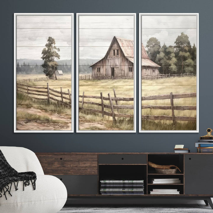 The wall is adorned with a Rustic Farmhouse Barn Wall Art.