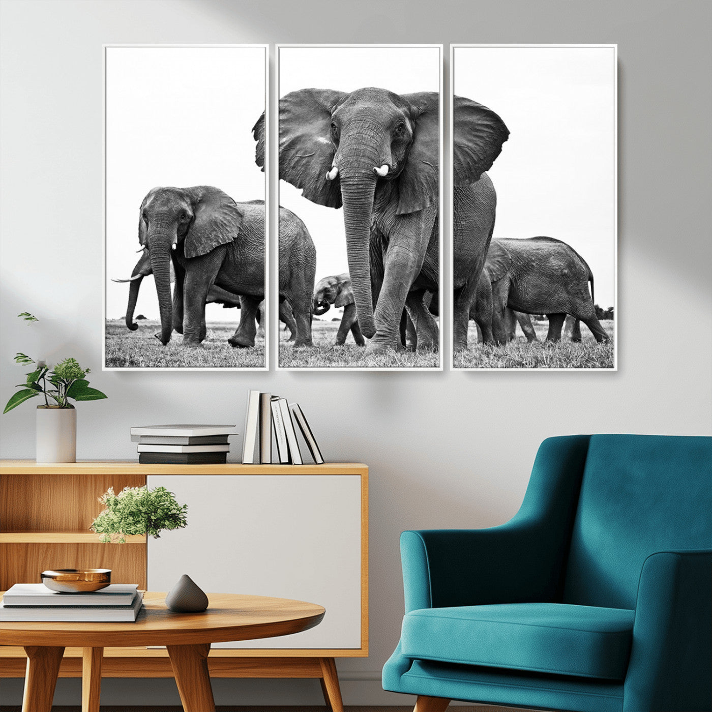 MGV-FC-48X32-3P - Black White Elephant Family Wall Art Canvas Print