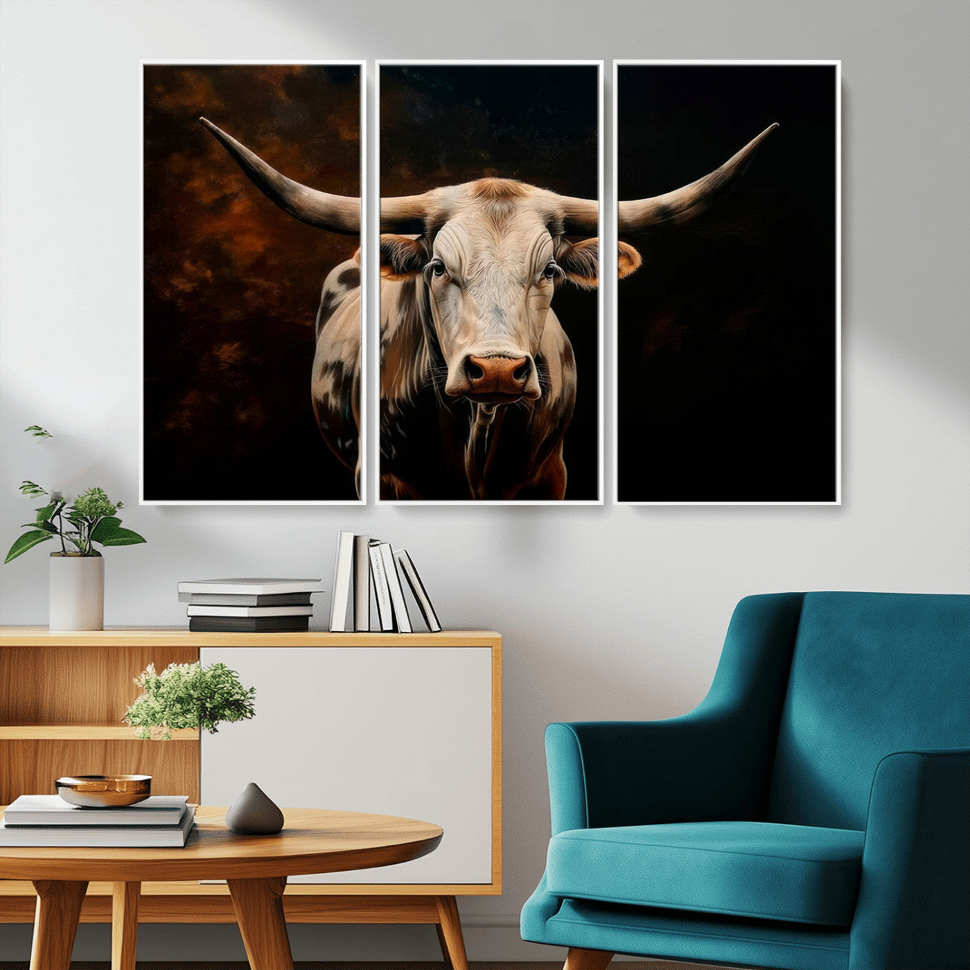 MGV-FC-48X32-3P - Texas Longhorn Wall Art | 3-Panel Large Texas Longhorn Canvas Print for Living Room, Office, or Farmhouse Decor | Framed Giclee Longhorn Wall Art