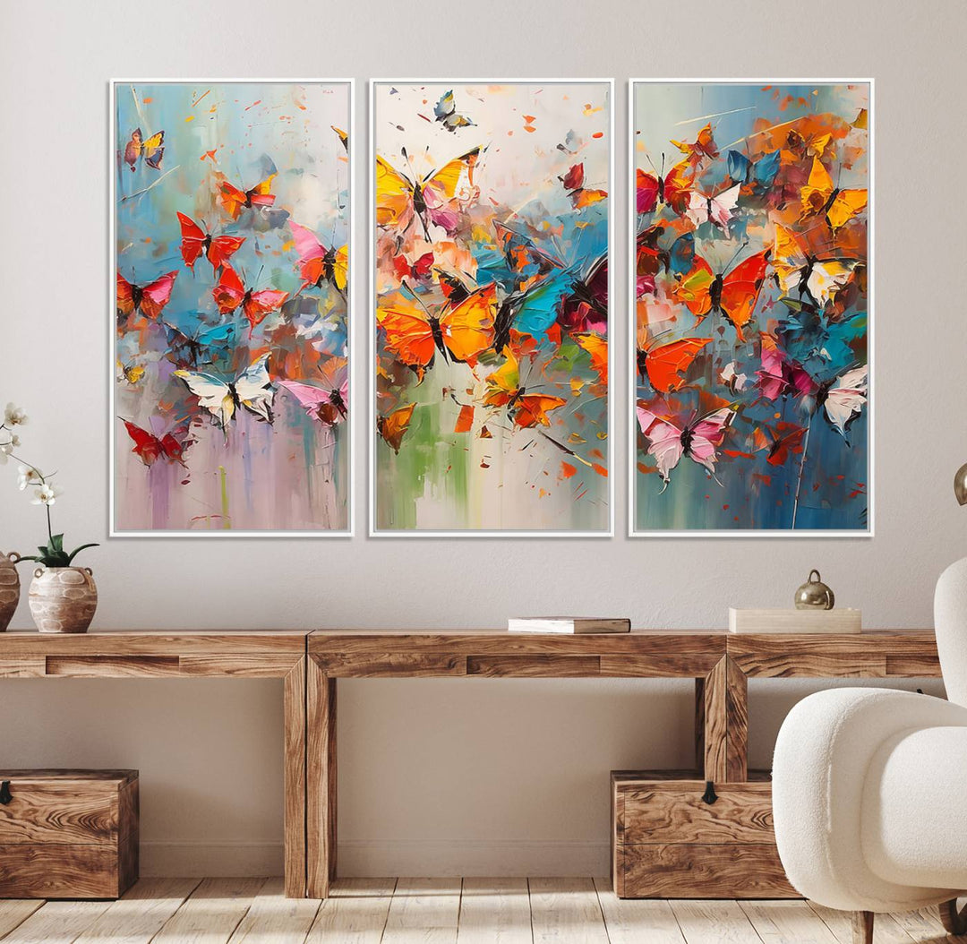 The Abstract Butterfly Wall Art Canvas Print hangs prominently, adding a touch of elegance and creativity to the room.