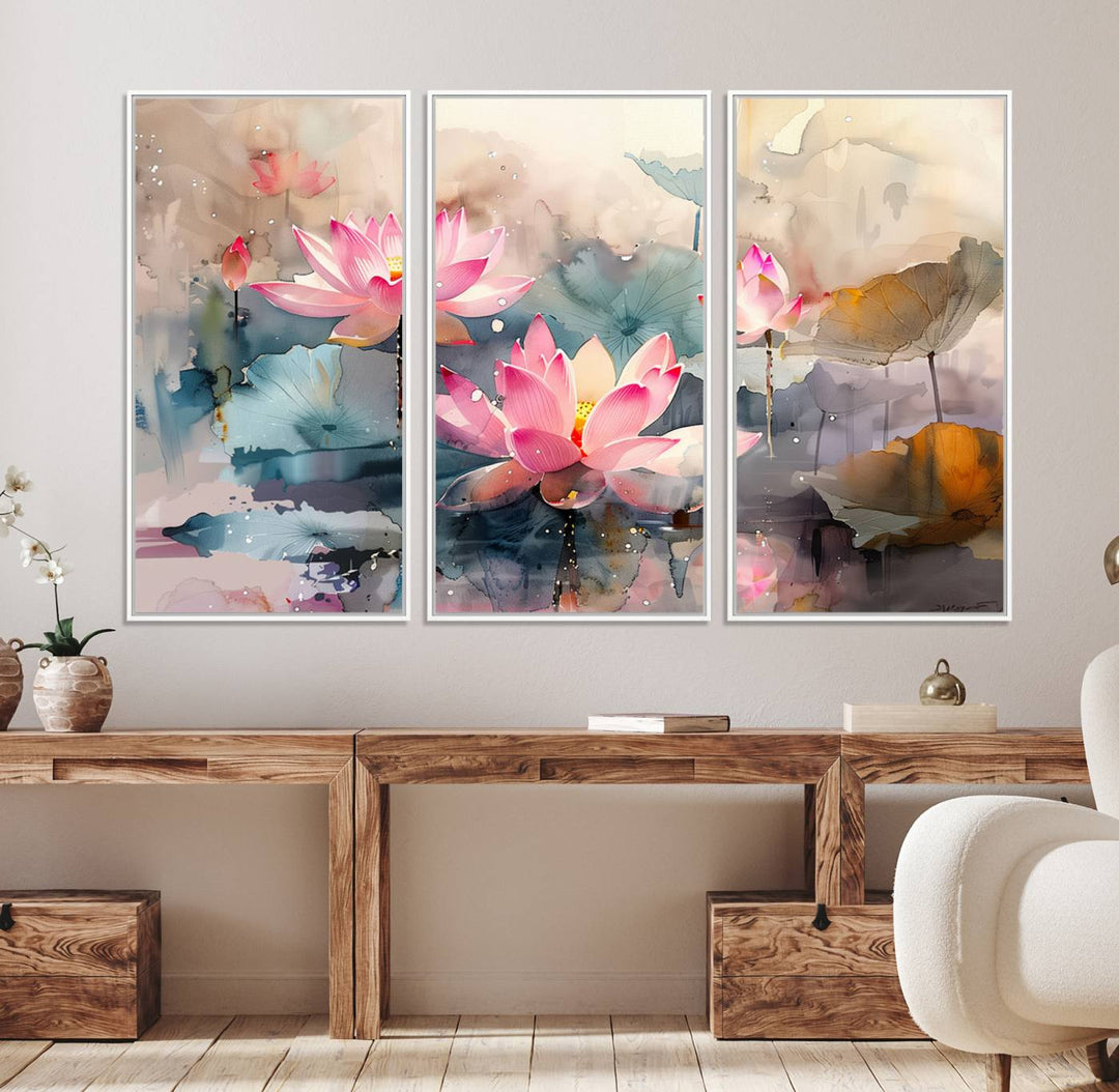 A pink lotus wall art adorns the space.