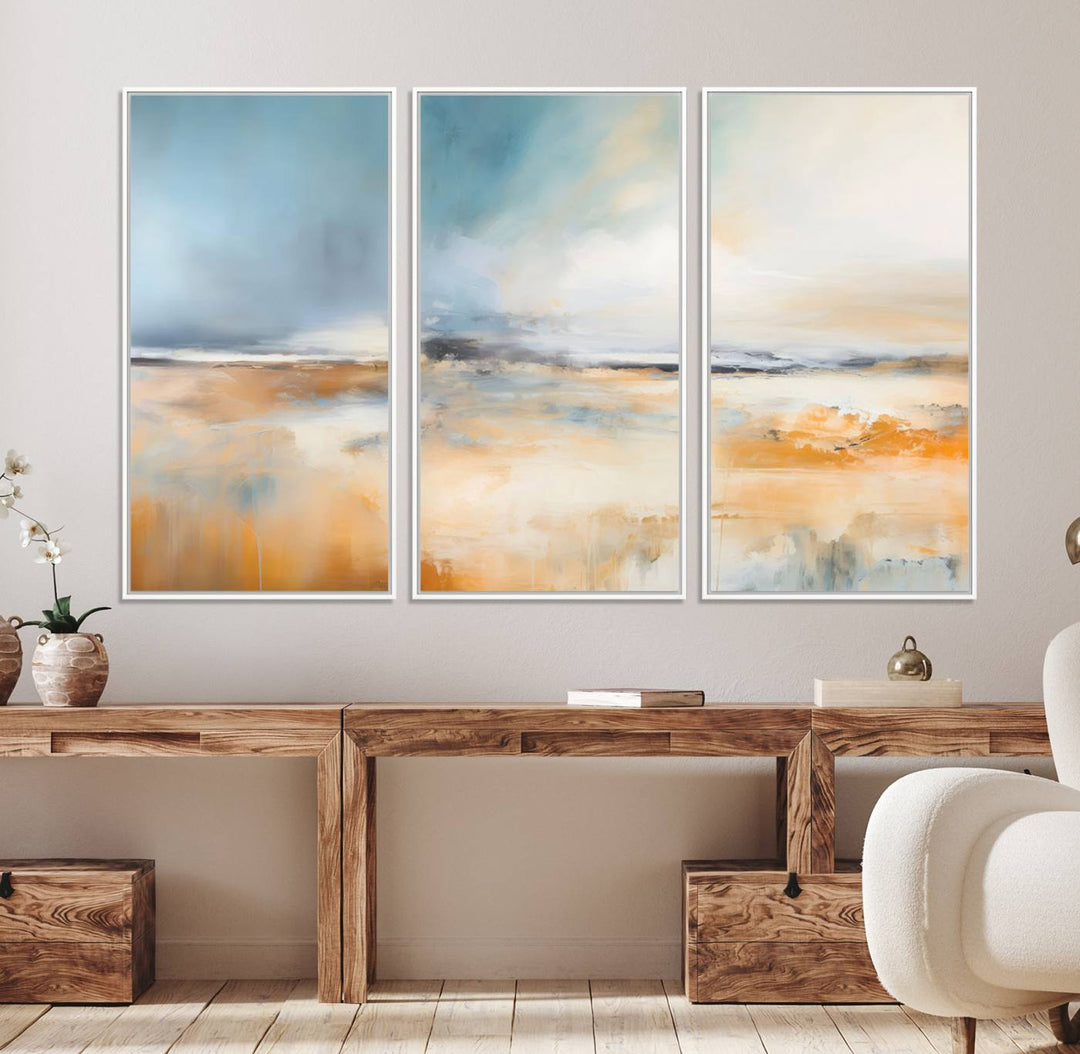 Abstract Landscape Wall Art in warm tones of orange and blue.