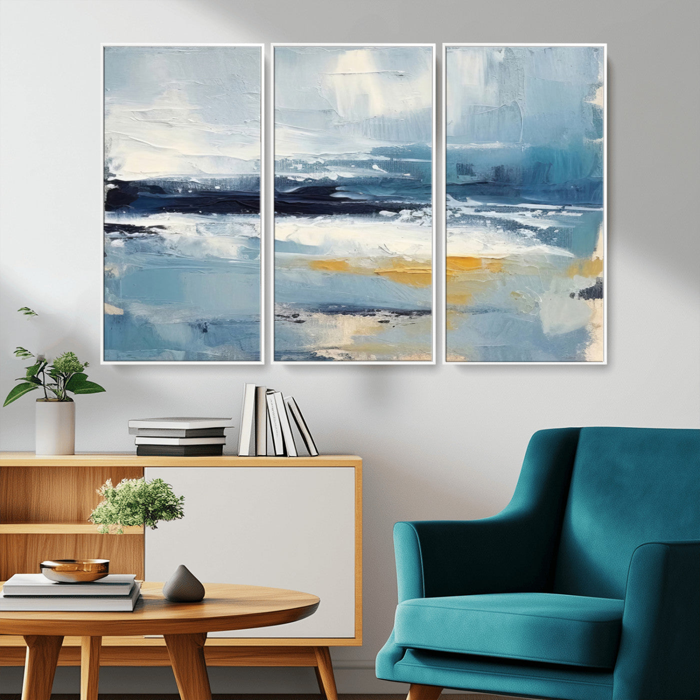 MGV-FC-48X32-3P - Abstract Ocean Canvas Wall Art - Coastal Blue and Gold Textured Painting, Modern Seascape Decor for Living Room Decor