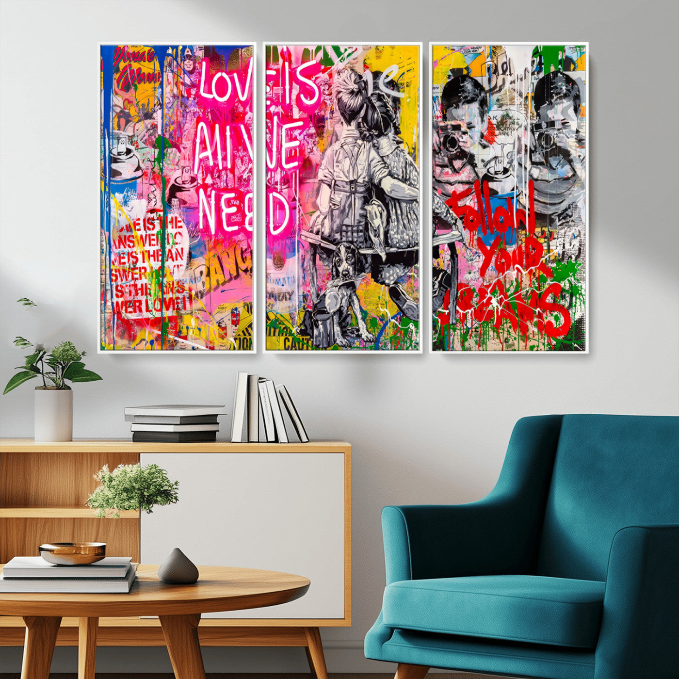 MGV-FC-48X32-3P - Follow Your Dreams & Love is All We Need Graffiti Street Art Triptych | 3-Panel Colorful Urban Wall Art for Living Room, Office, Loft Graffiti Wall Art Print