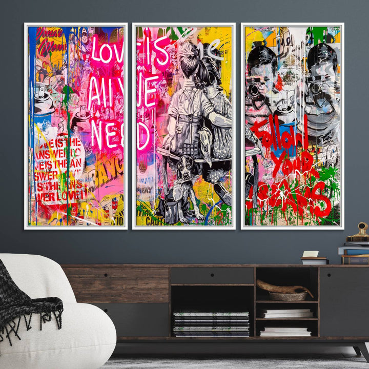 A vibrant and dynamic triptych features distorted horizontal lines, resembling graffiti street art. This artwork conveys the themes of "Follow Your Dreams" and "Love is All We Need" across three colorful panels.