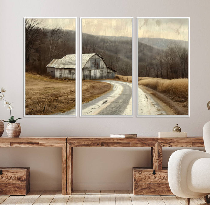 The wall exudes rustic charm, highlighted by the Vintage Barn Farmhouse Wall Decor Canvas Print.