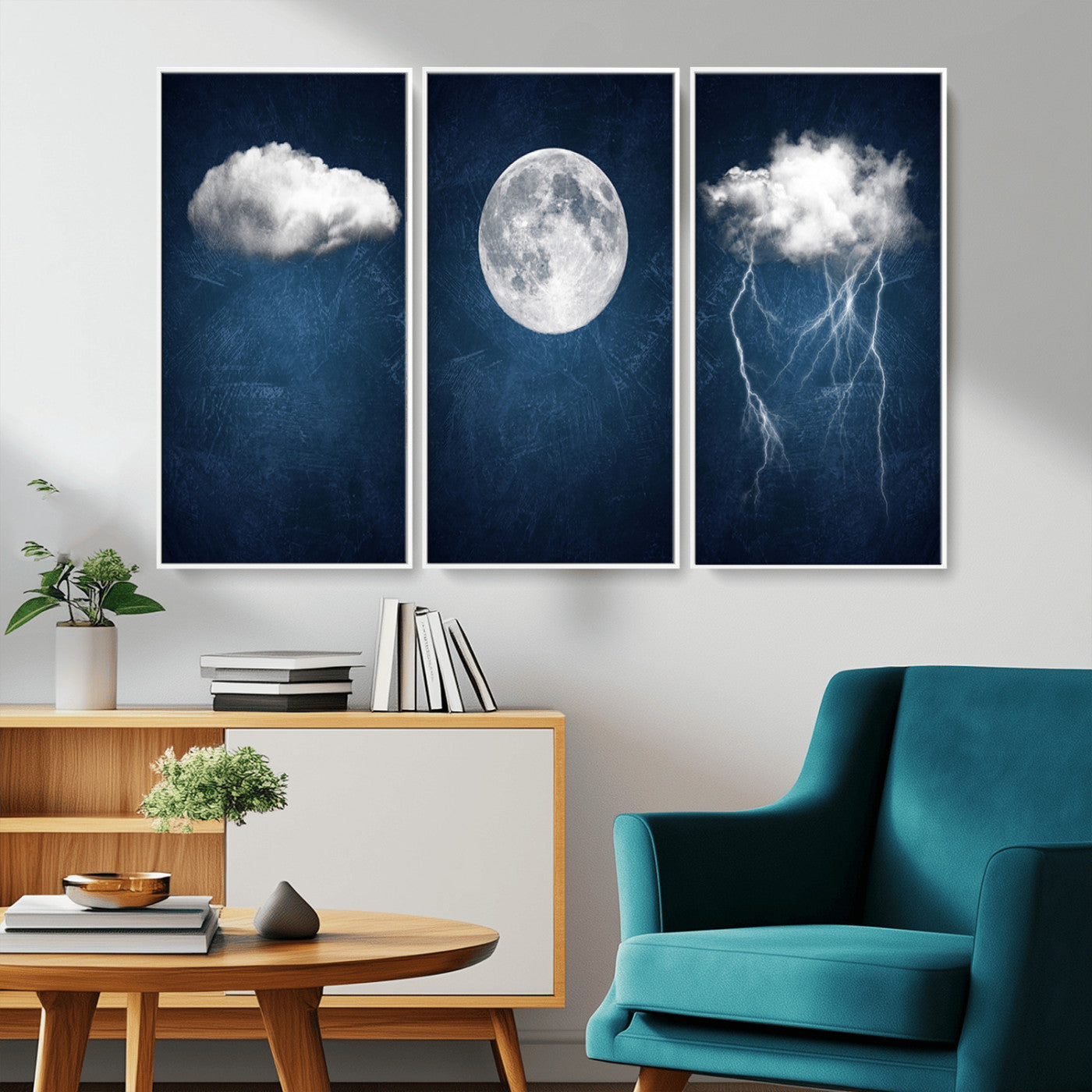 -Dark Blue Cloud Art, 3 Piece Indigo Blue Wall Art, Aesthetic Surreal Art, Thunderstorm Moon Cloud