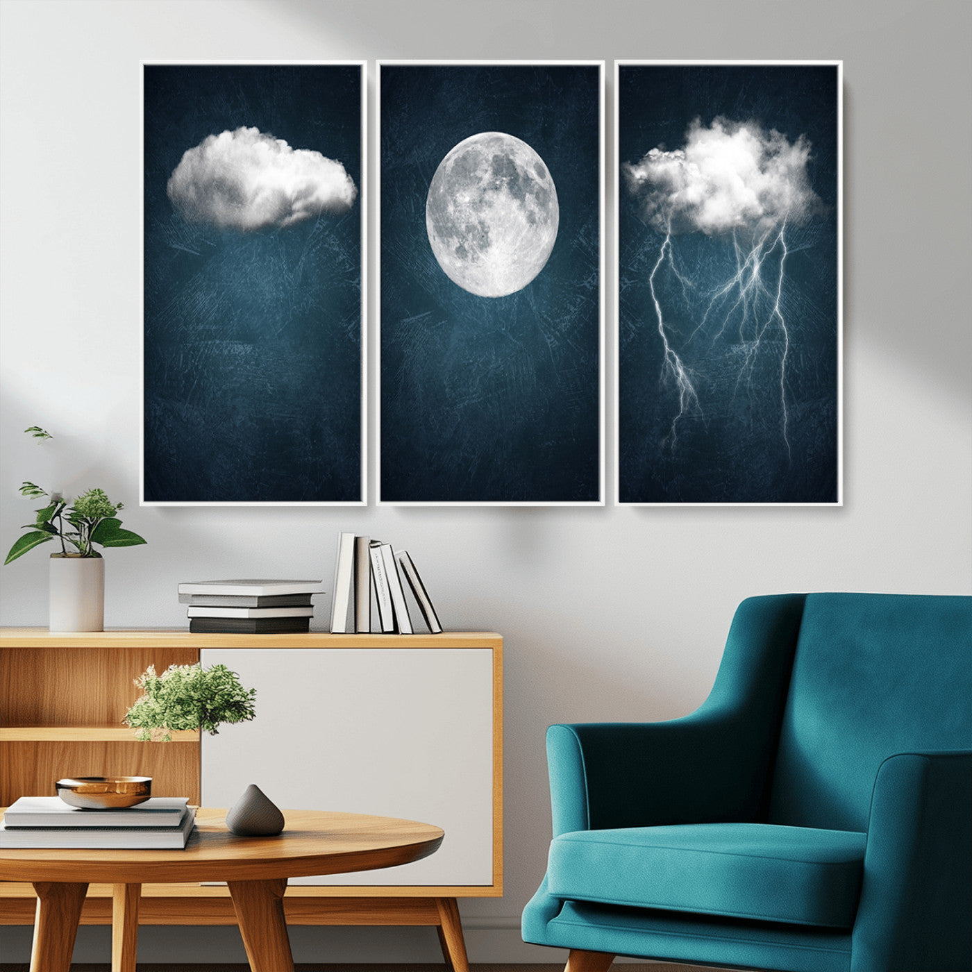 -3 Piece Indigo Cloud Wall Art, Thunderstorm Moon Cloud Artworks