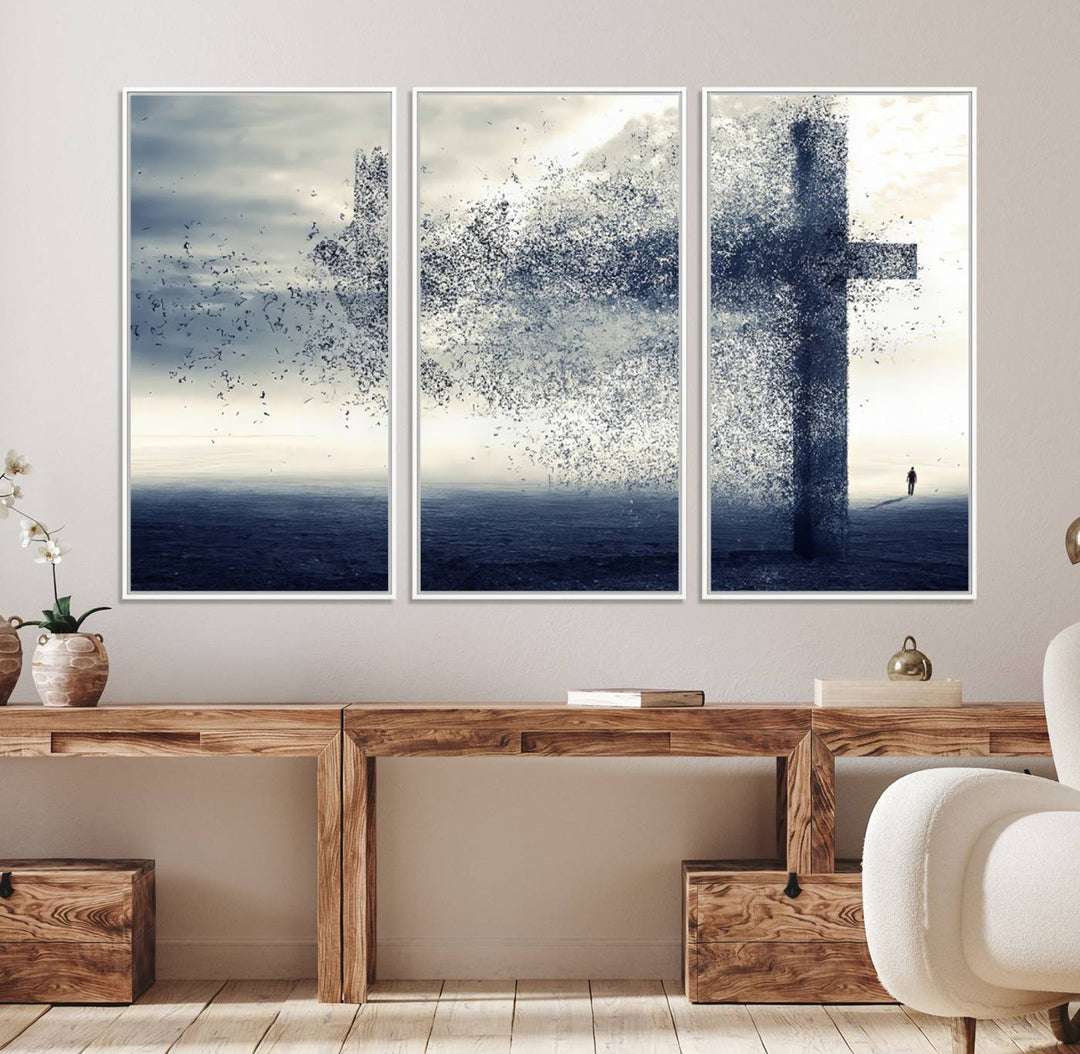 The Jesus and the Fading Cross wall art portrays a moody landscape.