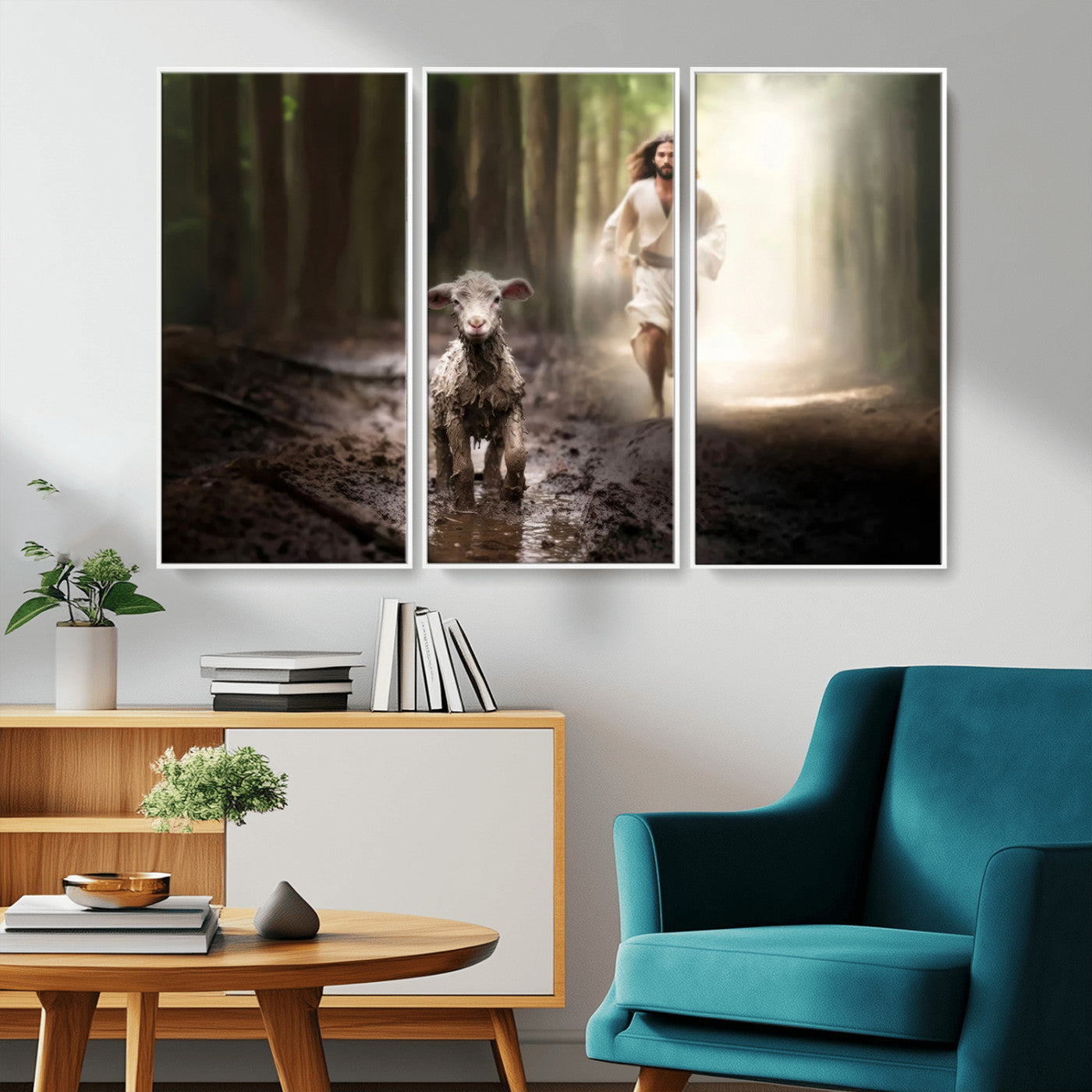 MGV-FC-48X32-3P - Jesus Canvas Wall Art - Jesus Running After Lost Lamb, Jesus, Christian Home Decor - Church Wall Art